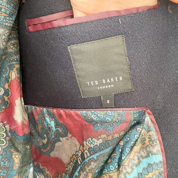 Men’s Ted Baker Navy Ossain Herringbone Wool Blend Peacoat Jacket, Size 4 Large - Picture 8 of 14